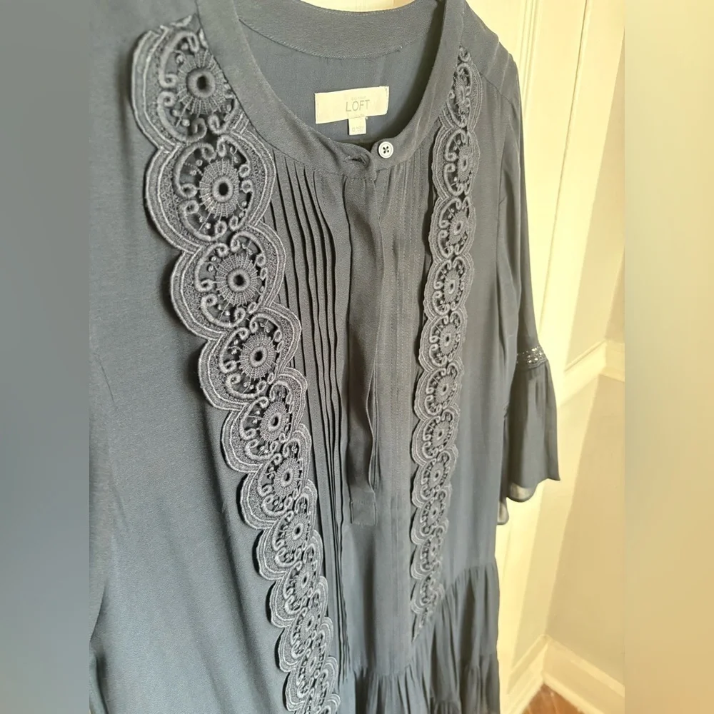LOFT Navy Blue Embroidered Drop-Waist Dress – Size 12 – Dark Boho Beauty - Picture 5 of 14